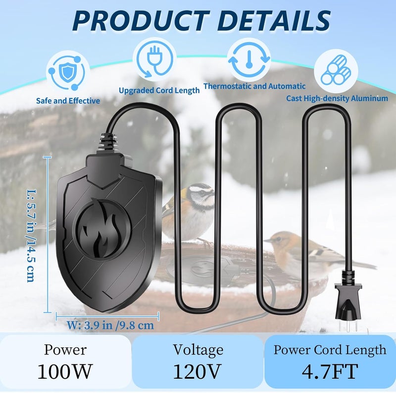 We-buys Bird Bath Heater for Outdoors in Winter, 100W Birdbath Water Heater Submersible for Winter Full-Covered Aluminum, Heated Bird Bath Deicer Thermostatic Control for Yard Patio Small Pond(Black) - Image 2